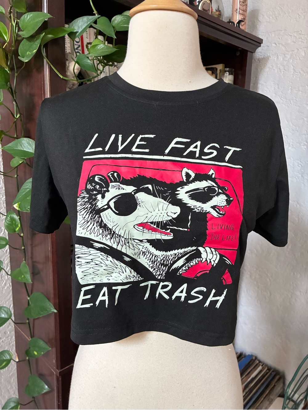Live Fast Eat Trash Possum Graphic Crop Tee - Black with Pink Graphic